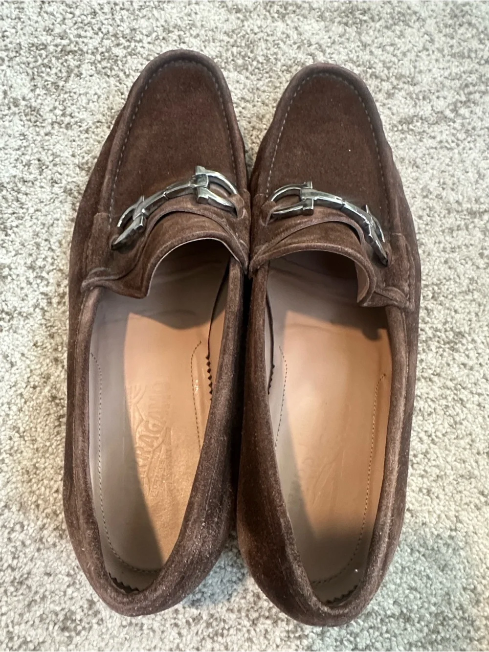 SALVATORE FERRAGAMO Mens Brown Suede Gancini Loafers 11.5